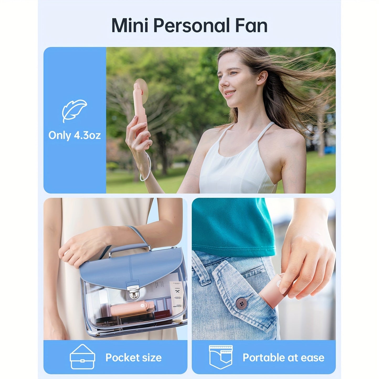 Compact and portable handheld mini fan featuring an LED display, 2 speed options, USB rechargeable, and pocket-sized design perfect for travel and outdoor activities.