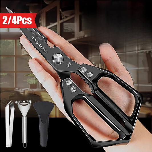 Japanese Style SK5 Kitchen Scissors: A set of 2 or 4 high-quality, black titanium stainless steel scissors designed for the household. These multi-functional scissors are perfect for cutting chicken, duck, and goose bones, known for their special