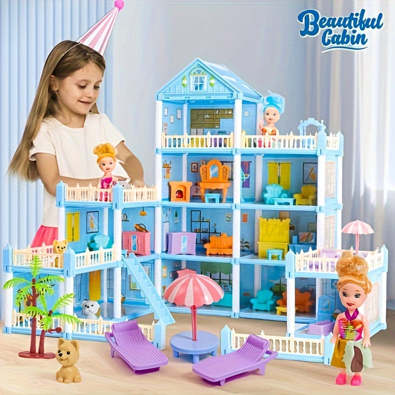 4-story princess castle dollhouse playset for girls, includes 2 dolls, furniture & accessories, perfect gift for ages 3+.