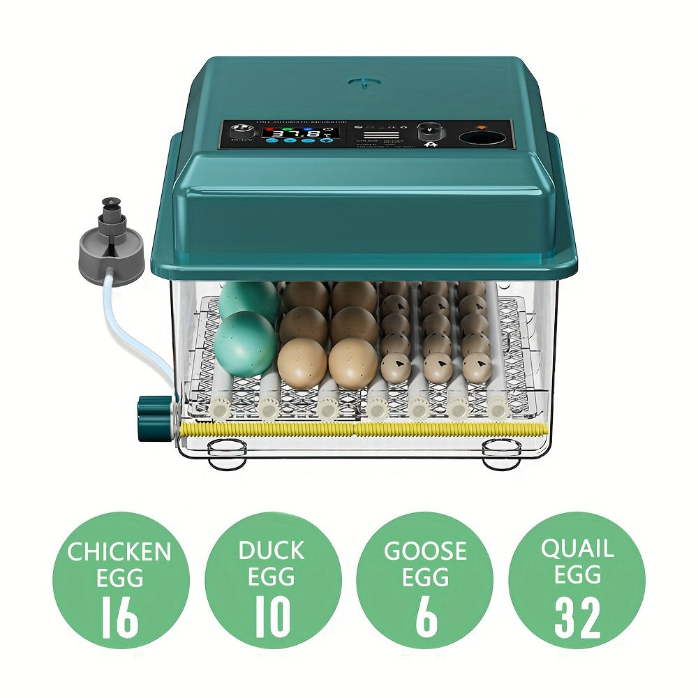 16-egg automatic incubator with auto turn, humidity control, adjustable spacing, pulse heat, cold light turning, Celsius display. Ideal for various eggs including duck, pigeon, bird, quail