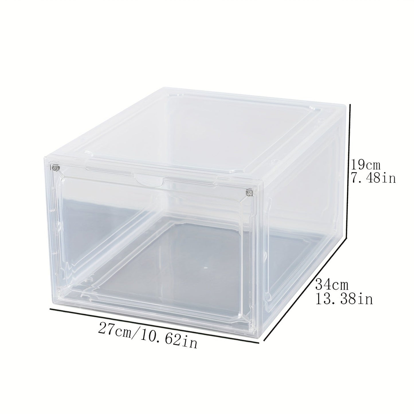 High quality shoe storage and organization for men and women with this transparent, foldable plastic shoes storage box. The magnetic closure keeps your shoes dustproof while the side opening door allows for easy access. Maximize closet space in your