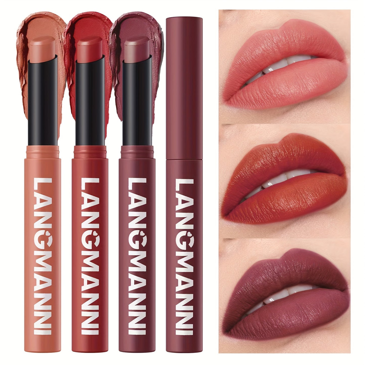 Matte lipstick in 12 shades for all skin tones in berry and mixed colors, long-lasting and vibrant.