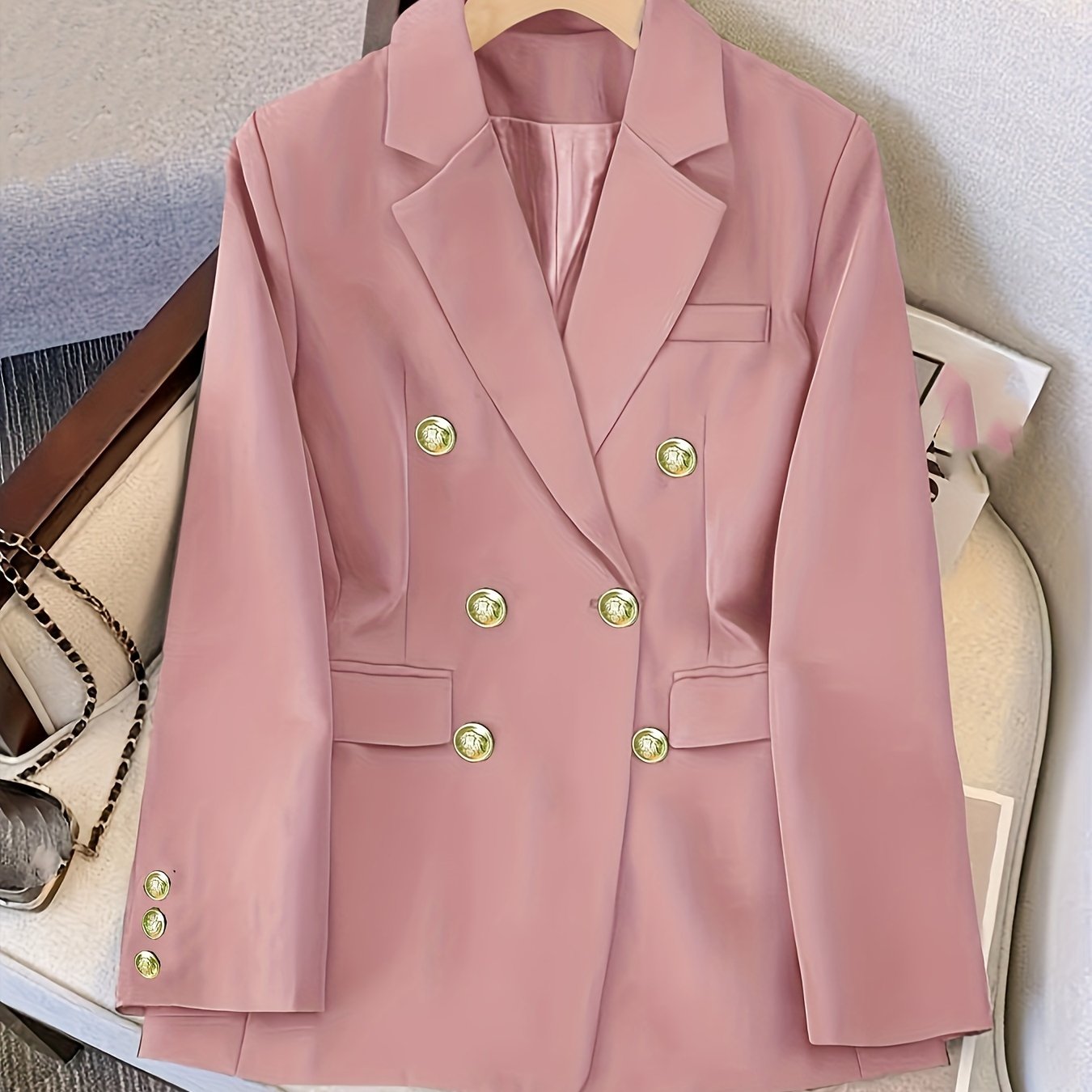 Women's double-breasted blazer with notched lapel for office and work.