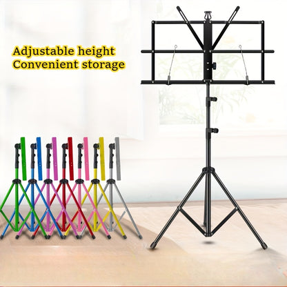 Portable folding music stand for piano, guitar, ukulele, and violin with durable alloy construction.