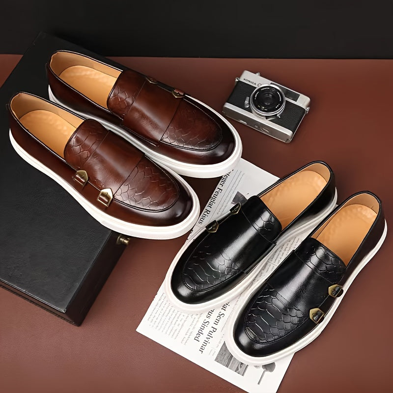 Men's slip-on dress shoes with a faux plaid pattern, rubber sole, and faux lining for work and safety uniforms.