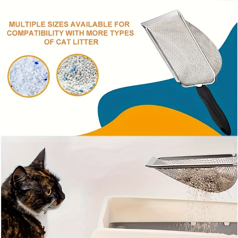 Durable stainless steel cat litter scoop with deep shovel for easy cleaning.