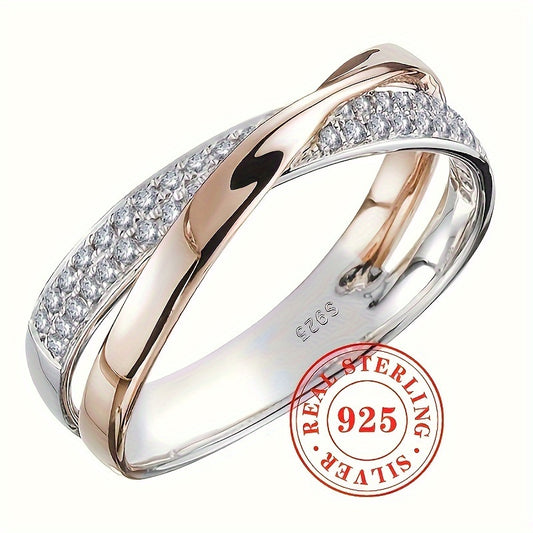 925 Pure Silver Two-tone Möbius Ring with Dense Cubic Zirconia, Elegant and Simple Style for Women's Fashion. Great for Daily Wear and Parties.