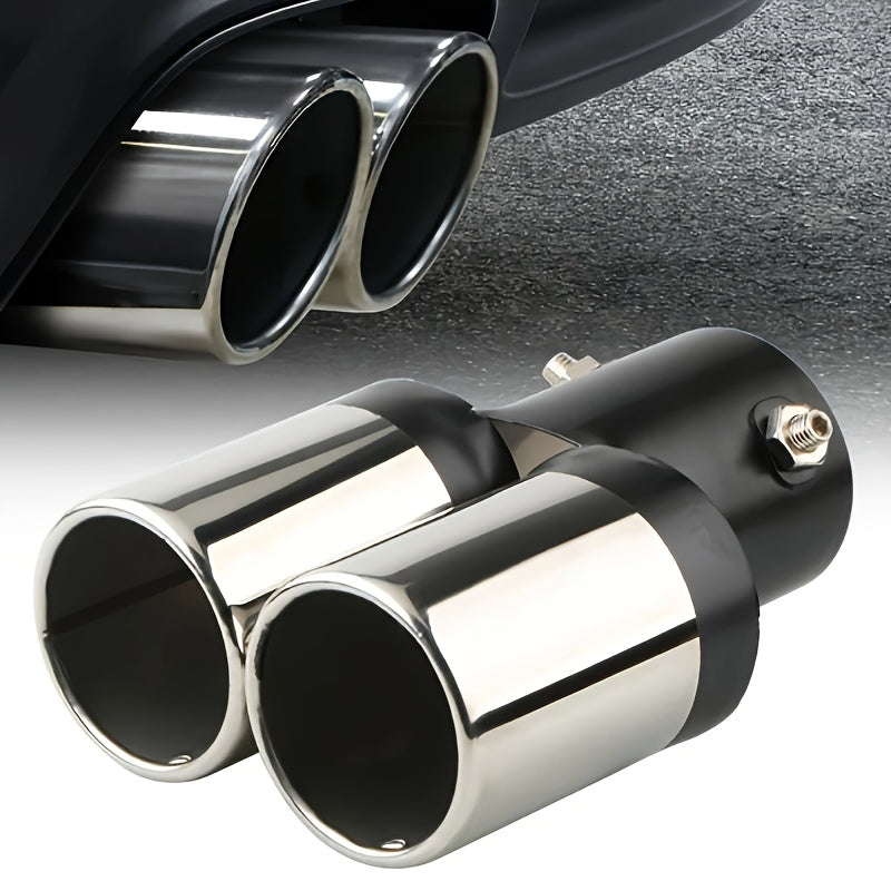 Universal dual air outlet exhaust head in chrome stainless steel for automotive rear tailpipe accessories.