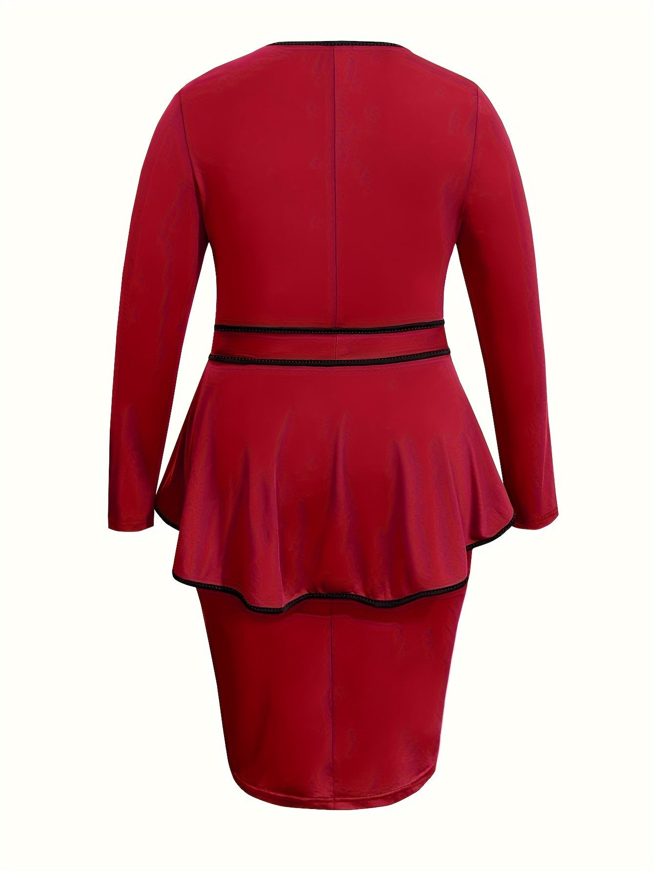 Plus size peplum dress in solid color with round neck and contrast trim, made from polyester blend stretch knit for all-season wear in a fitted style.