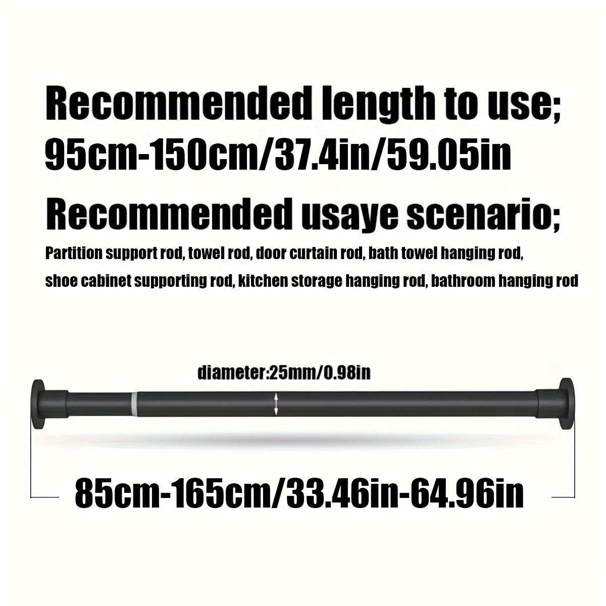 Telescopic rod with built-in spring provides strong gravity support for various uses such as shower curtains, drying racks, window treatments, Roman rods, and wardrobe support.