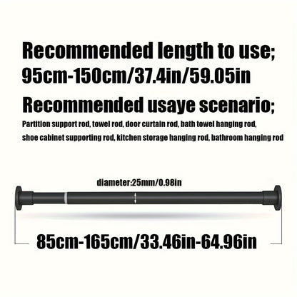 Telescopic rod with built-in spring provides strong gravity support for various uses such as shower curtains, drying racks, window treatments, Roman rods, and wardrobe support.