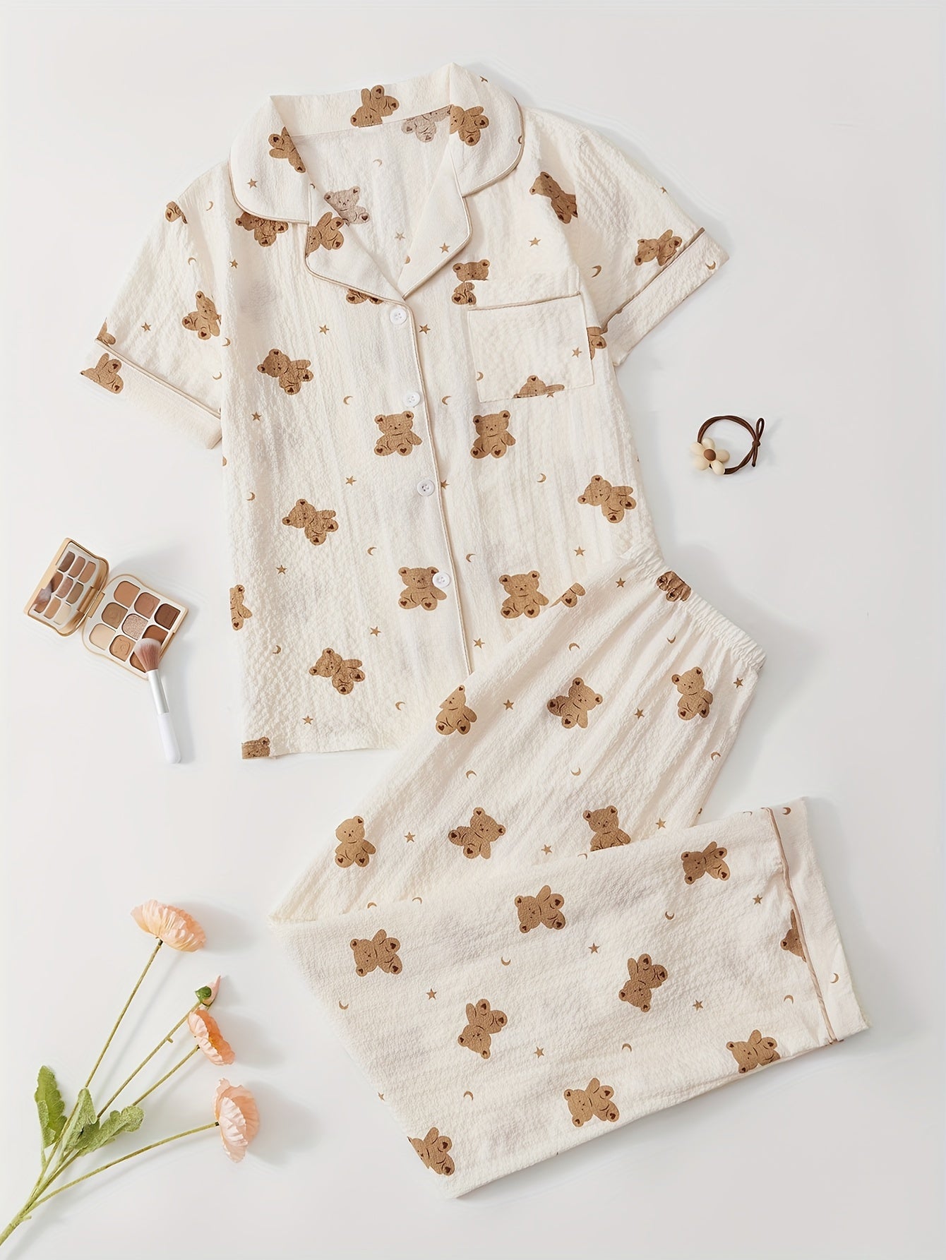 Bear print lounge set with cute short sleeve top and elastic pants, women's loungewear.