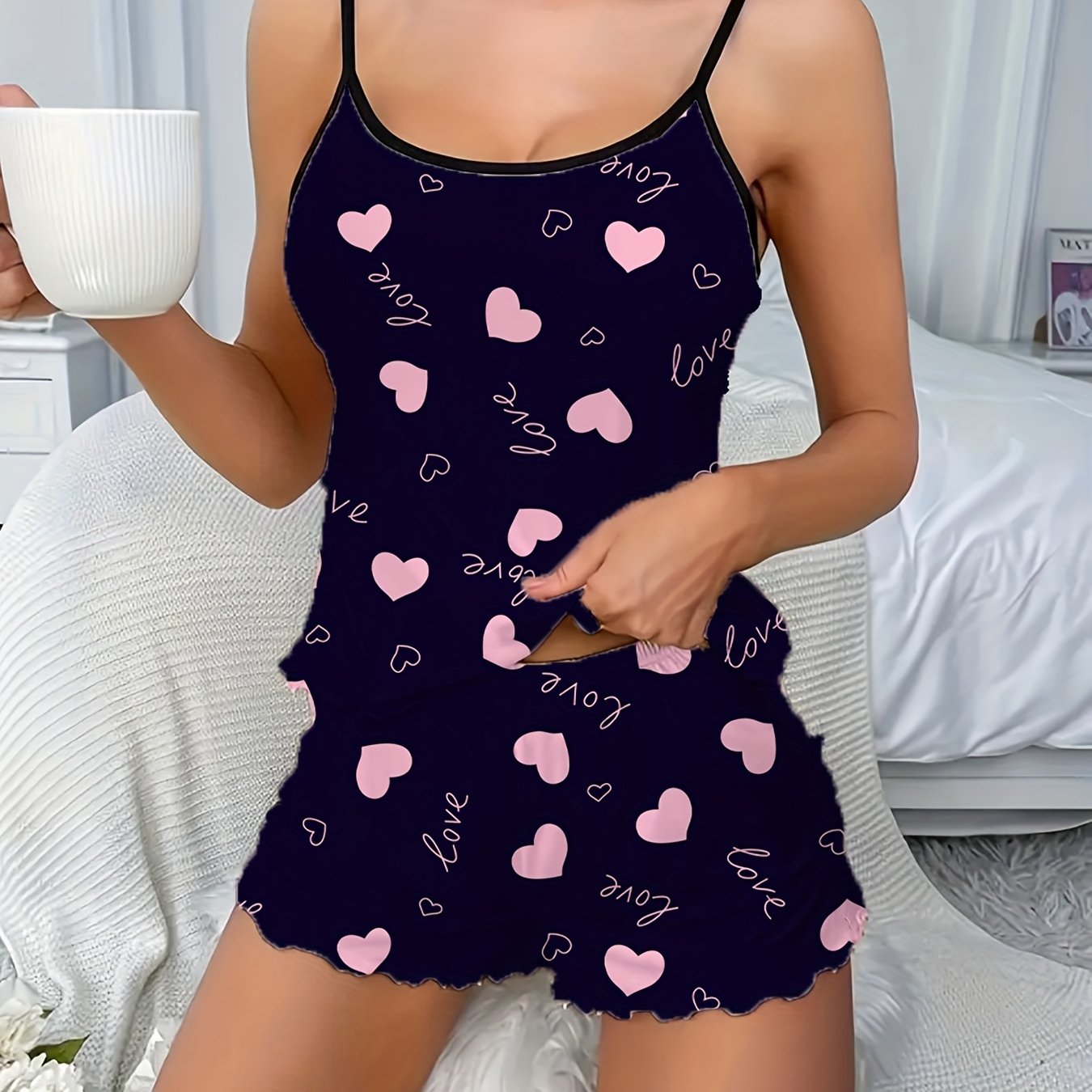 Women's Sleepwear Set with Heart Print, Frill Trim. Includes Backless Cami Top and Elastic Shorts.