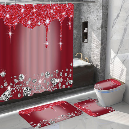 4-piece bathroom set with diamond-pattern shower curtain, 12 hooks, non-slip rugs, toilet cover mat, and partition for room decor.