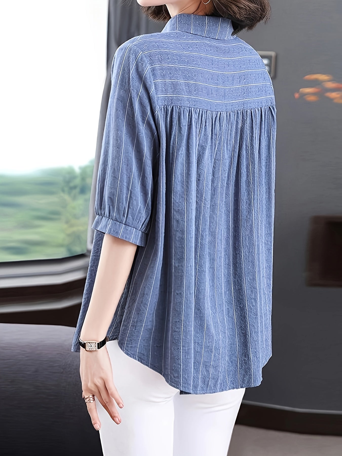 Striped print half sleeve shirt for women, perfect for spring and summer.