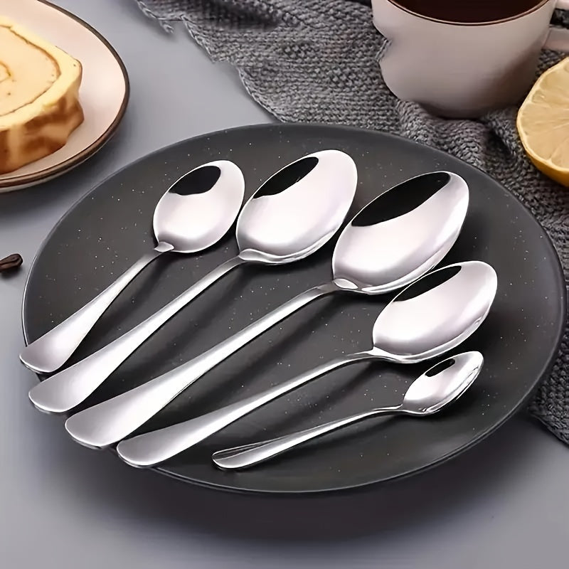 Set of 6 stainless steel spoons in various sizes for serving soup, coffee, and dinner in the kitchen and dining room.