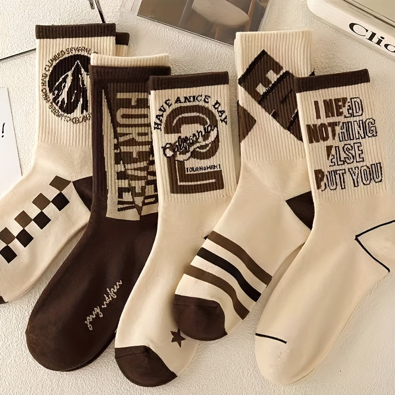 4 pairs of retro letter pattern crew socks for men, ideal for outdoor activities.