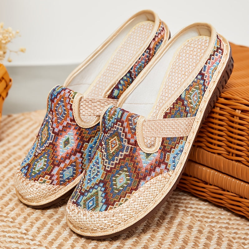 Stylish geometric print mules with embroidered details, closed toe, and non-slip sole for comfortable daily wear.