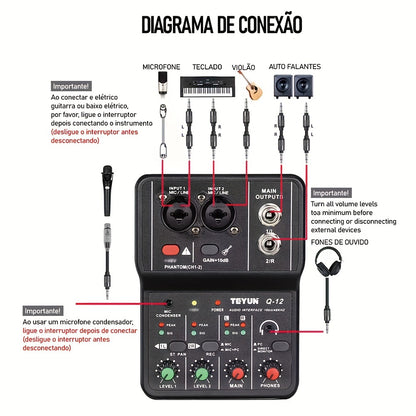 BOMGE Q12 2-Channel Portable Audio Interface, Professional USB MIXER for Guitar Recording, Compatible with PC, USB Powered, ABS, Black