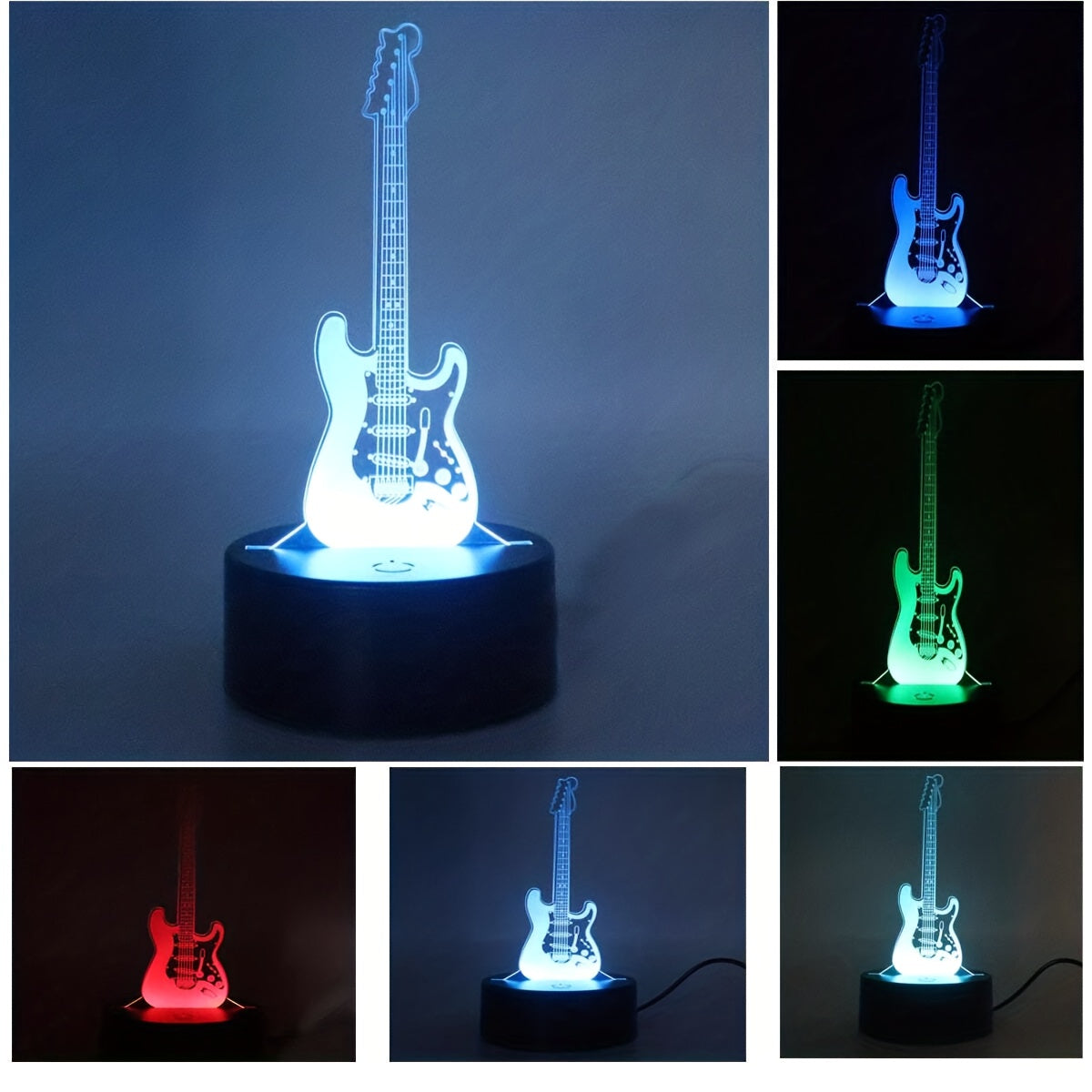 3D Guitar night light with warm white base, perfect gift for friends or room decoration.