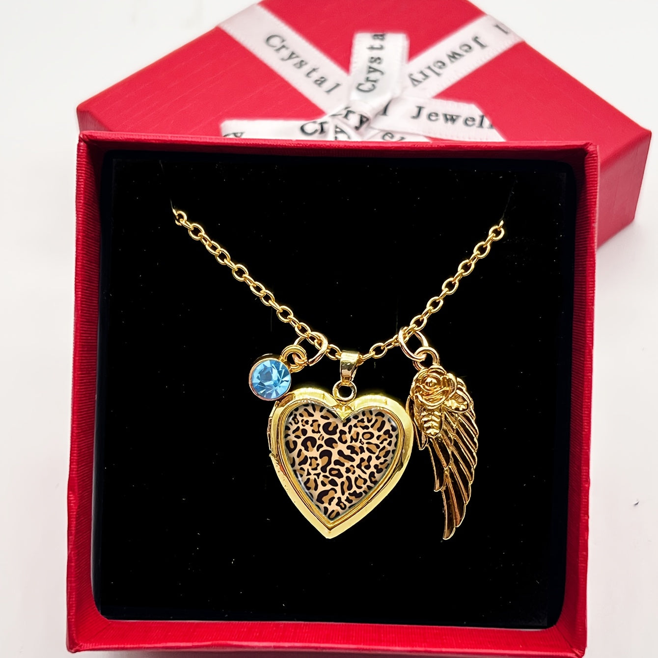 Stylish Heart-Shaped Photo Locket Necklace with Leopard Print Design, December Birthstone, Rhinestone Detail, Copper Material - Comes in a Red Gift Box, Ideal for Valentine's Day or Anniversary Celebrations, Golden Color, Wing Accent