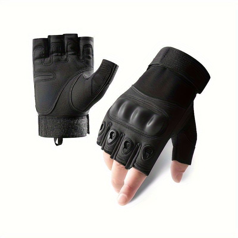 Half-finger gloves with breathable fabric, hard carbon knuckle, and hook-and-loop closure - perfect for outdoor activities.