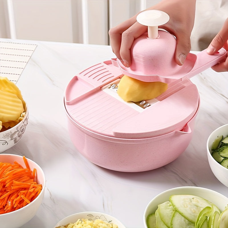 Multi-functional vegetable chopper for cutting, shredding, slicing, and grating vegetables in a hotel or commercial setting.