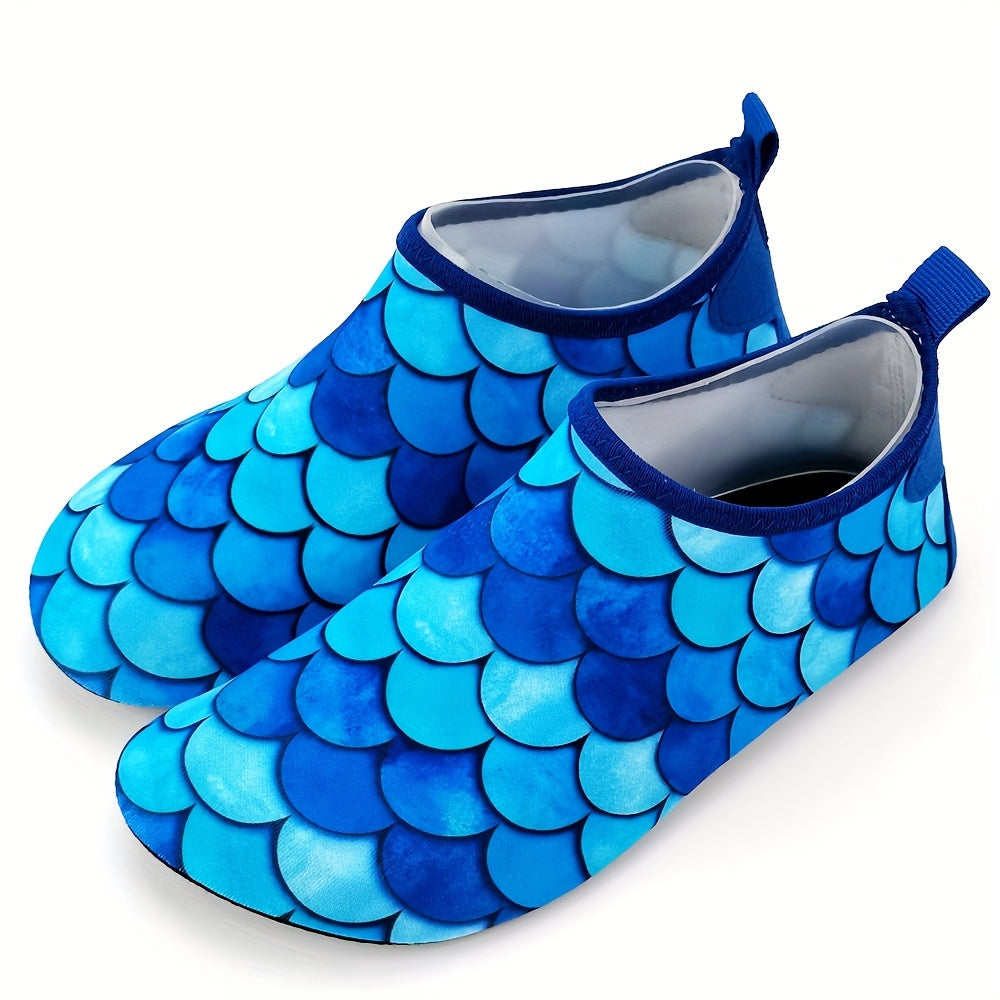 Colorful fish scale print slip-on water shoes for toddler girls, perfect for summer fun at the beach.