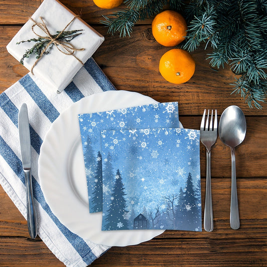 Set of 20 blue snowflake napkins, perfect for lunch or dinner at a winter Christmas or gender reveal themed birthday party. These disposable paper napkins are a festive addition to your party supplies and table decorations.