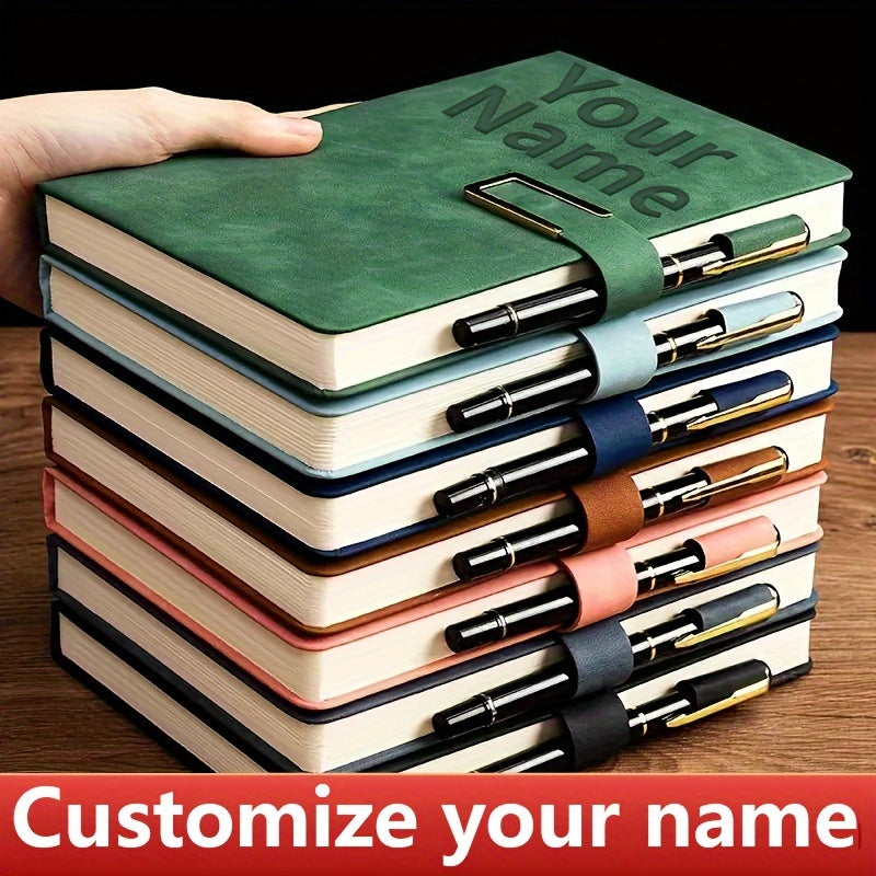 Personalized A5 notebook with custom engraved pen, minimalist textured design with plain pages for notes, journaling, and meetings. Includes custom name, phone, and logo. Features retro