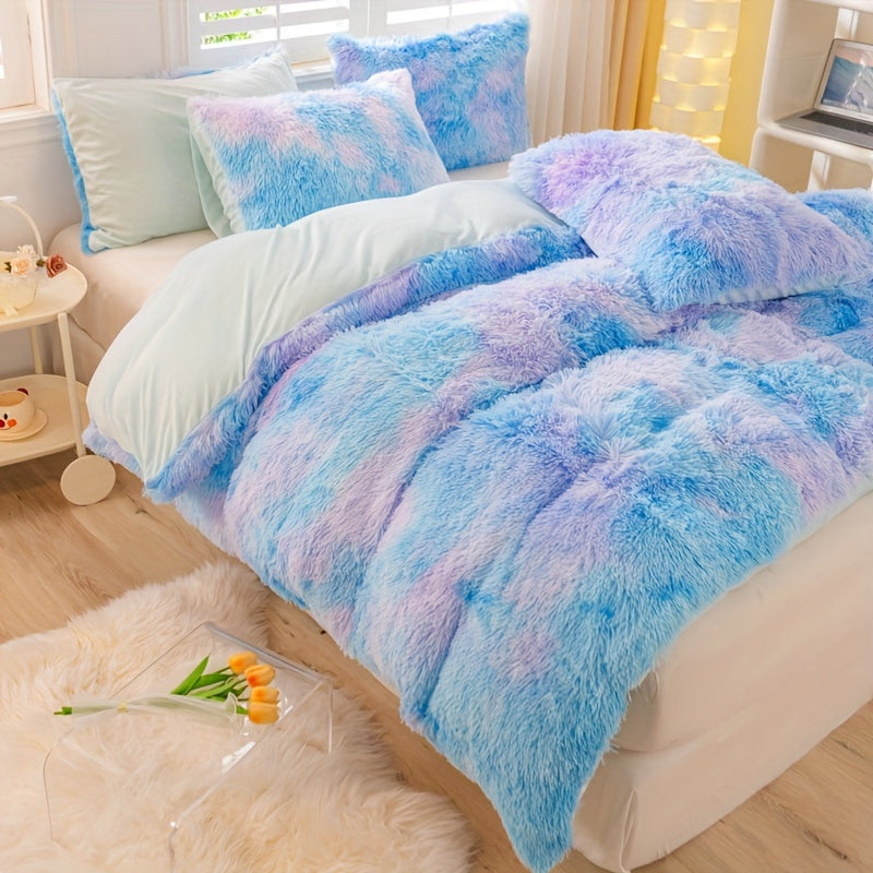 Y2K Tie Dye Plush Duvet Cover Set includes 3 pieces (1 Duvet Cover + 2 Pillowcases), providing soft and warm bedding.