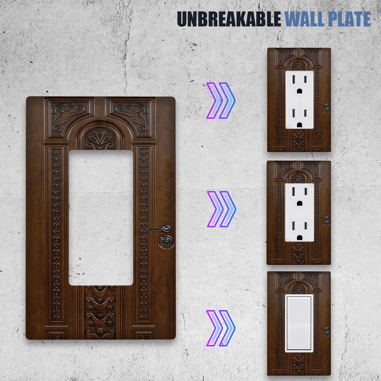 Polycarbonate light switch cover with wood grain effect, screw-in, no electricity needed. Versatile lamp switch plate for 1 or 2 way, easy installation for home décor.