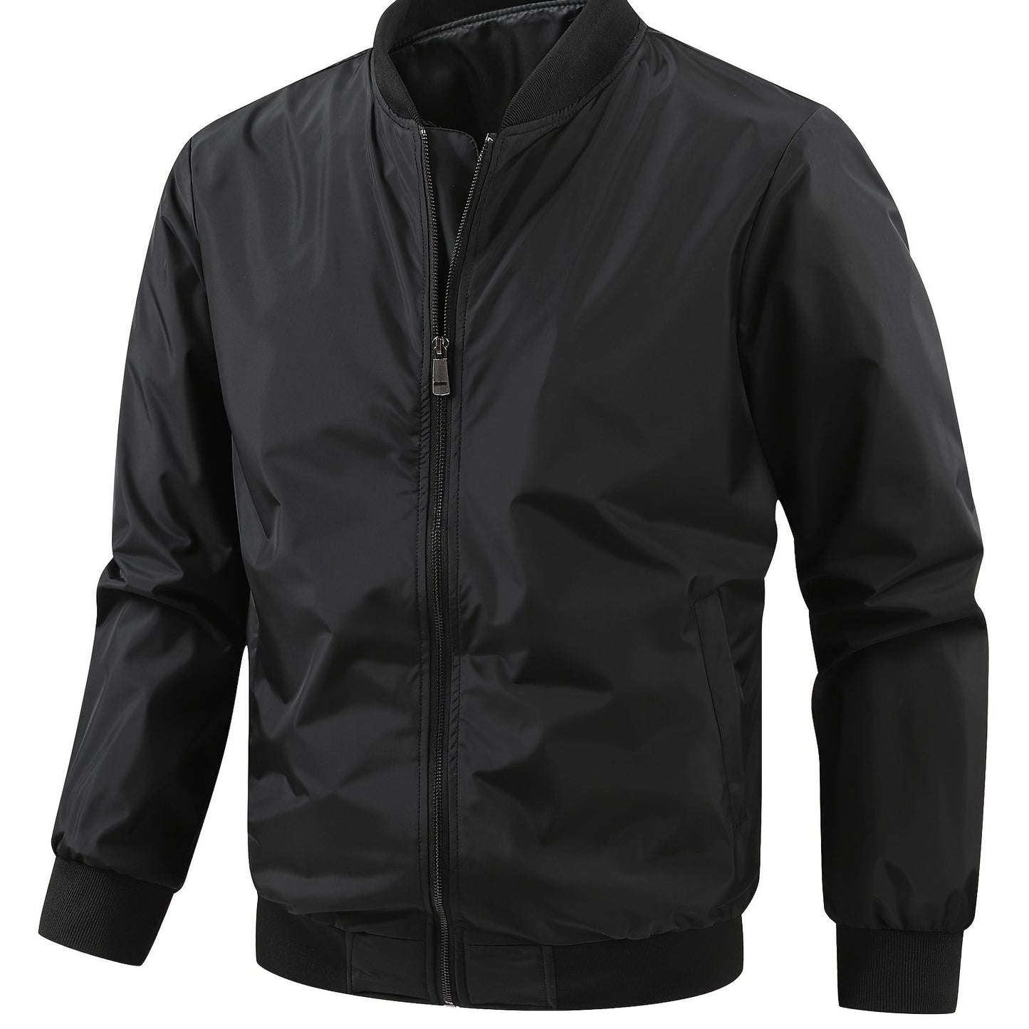 Men's Plus Size Lightweight Black Bomber Jacket with Stand Collar and Zip-Up Closure, Elastic Wrist Detail.