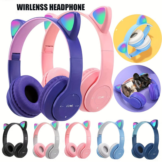 Wireless headphones with cute cat ears, LED lights, mic control. Stereo music helmet for phones and tablets with USB charging, volume control, and 3.5mm jack. Available in multiple colors.