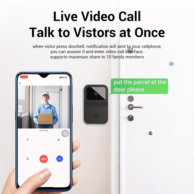 SELFIECOM D9 Smart Video Doorbell with features including 2.4 GHz Wi-Fi, 480p Video, Built-in Microphone, Night Vision, Button Control, Wall Mount, Battery Operated, App Enabled Intercom