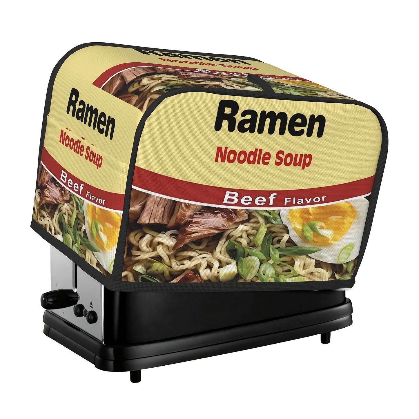 Introducing a charming ramen print toaster cover featuring beef and chicken flavors, crafted to safeguard your toaster from dust and fingerprints. This cover is conveniently machine washable and designed to fit two-slice toasters, ensuring it remains a