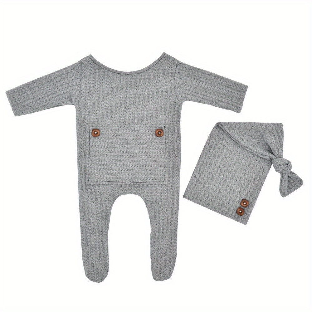 Newborn baby boy clothes set including a long sleeve knitted romper bodysuit, beanie cap, perfect for photography props and toddler photo shooting outfits. Great as a gift for Christmas, Halloween, or Thanksgiving Day.