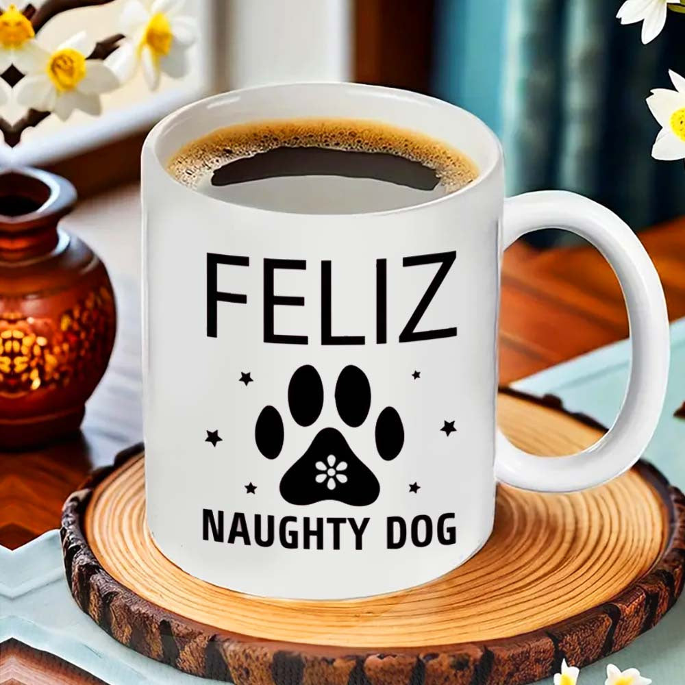 Керамическая кружка для кофе "Feliz Naughty Dog" - безопасна для контакта с пищей, не требует электроэнергии, идеально подходит для работы, активного отдыха, приема пищи - отличный праздничный подарок для любителей собак.