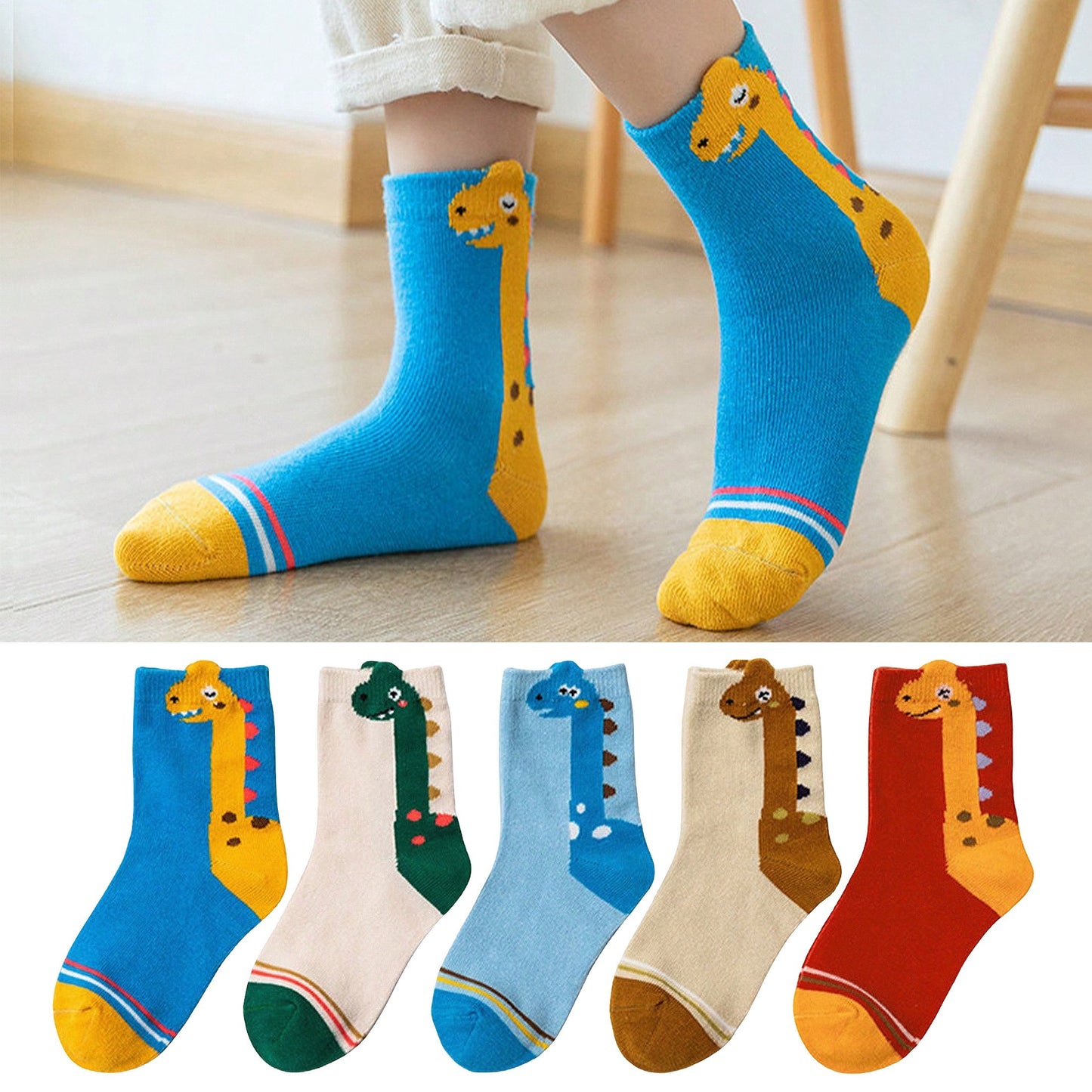 5pcs Kids' Dinosaur Crew Socks - Breathable & Comfy, Ideal for Boys and Girls, Year-Round Wear