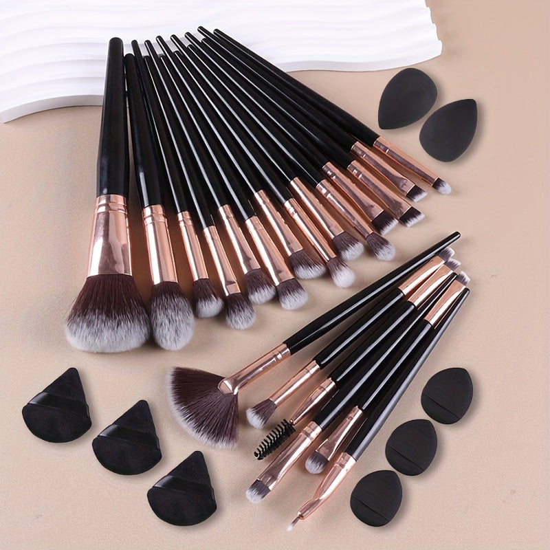 28pc Makeup Brush Set with various brushes for face and eyes, includes beauty sponges and puffs, suitable for all skin types.