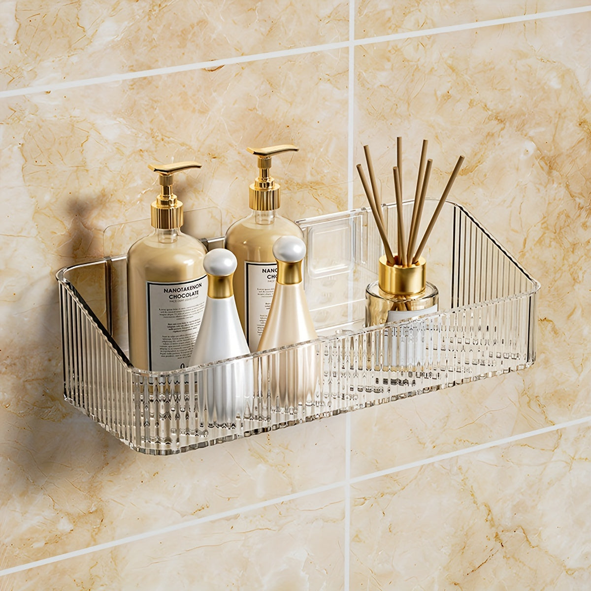 Sleek wall-mounted bathroom storage rack with transparent plastic shelves for toiletries. Easy, no-drill installation for marble bathrooms.