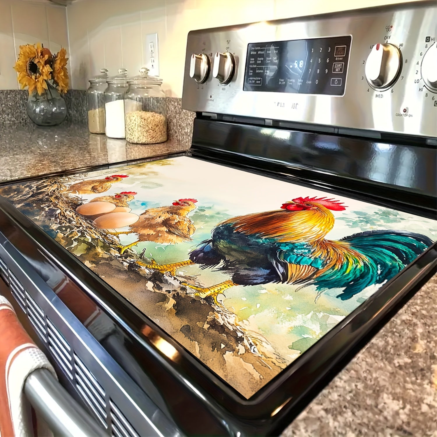 Colorful Rooster & Hen Non-Slip Stove Protector Mat, 71.88cm x 52.07cm, Heat-Resistant, Scratch-Proof Cover for Electric Glass Stovetop, Flat Top Oven, Washer, Dryer - Versatile Kitchen Decor, Stove Top Protectors