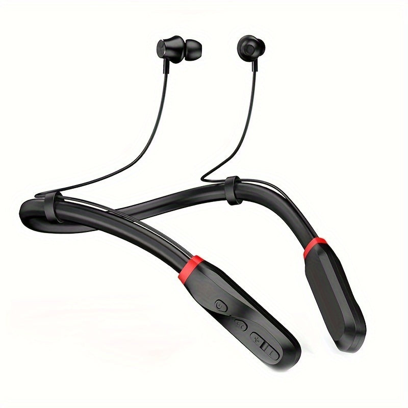 Sporty wireless earbuds with microphone and neckband for running.