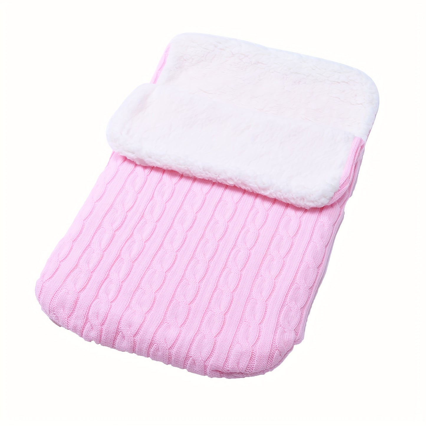 Machine washable baby foot cover with knitted microfiber filling for warmth and comfort.