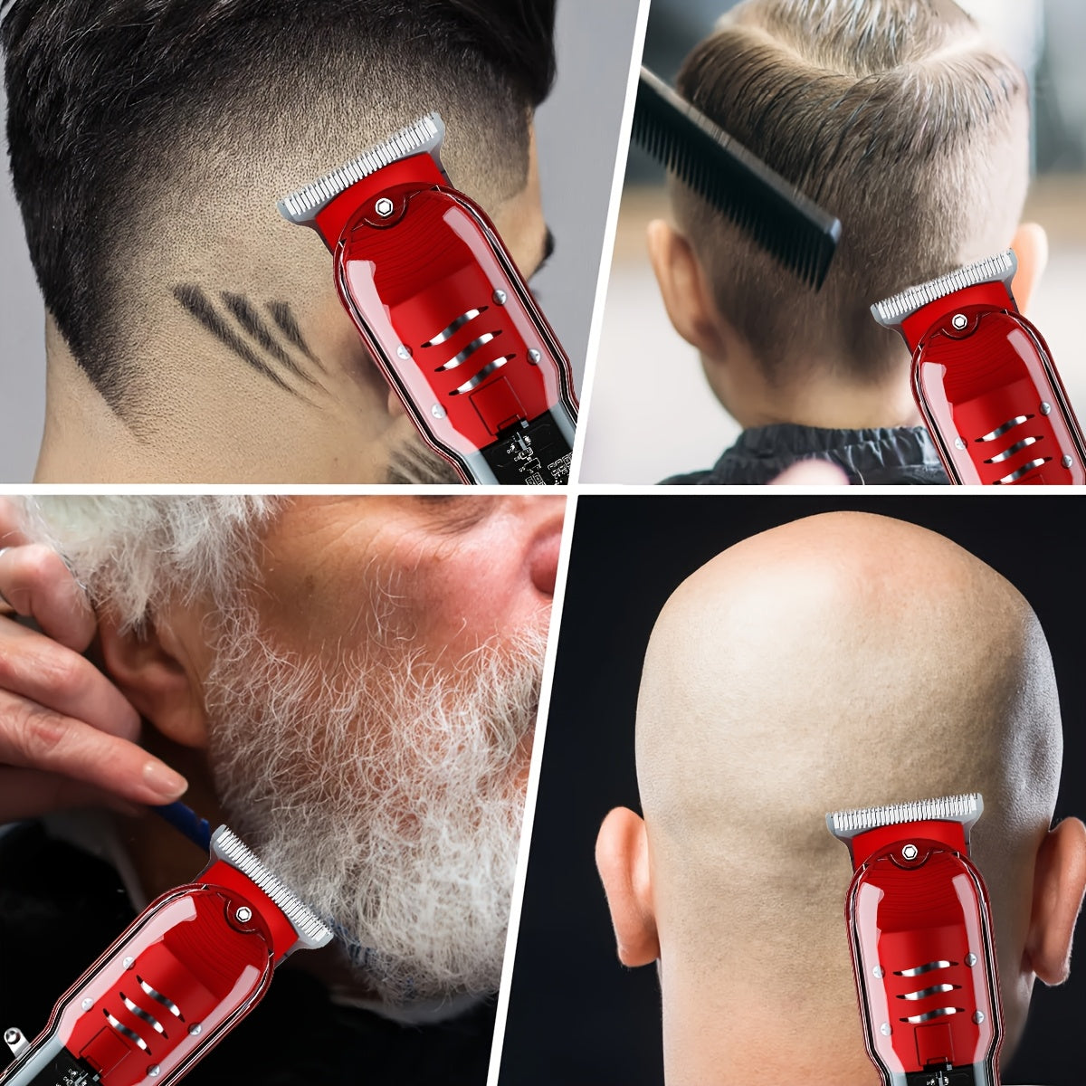 Sleek red electric hair clipper with LCD display, USB rechargeable, ideal for home, travel, and salons.