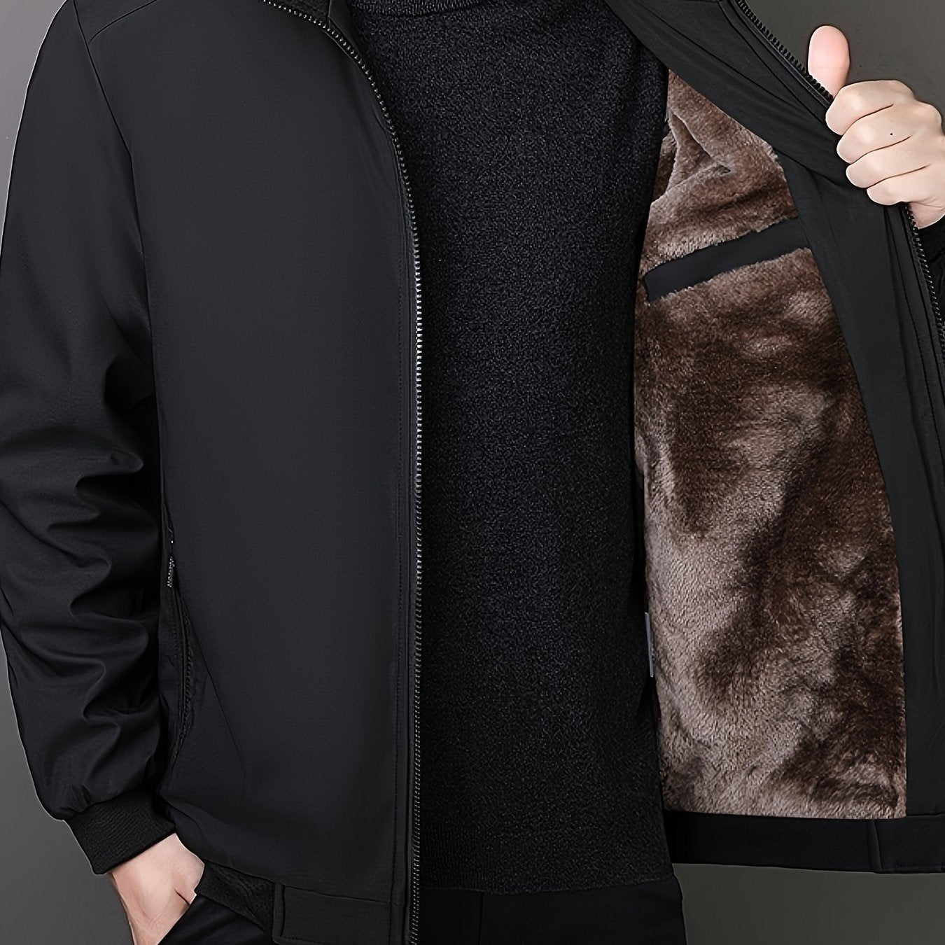 1 men's fleece-lined coat with zip closure, solid color, regular fit, polyester fill and fabric.