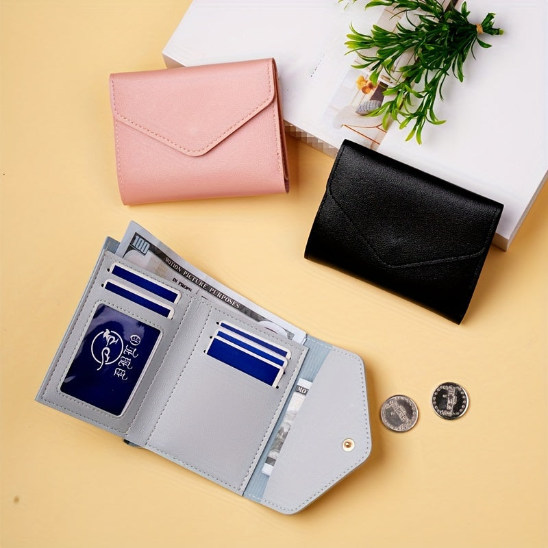 Compact and lightweight 3-fold PU wallet with zipper closure, perfect for girls and adults.