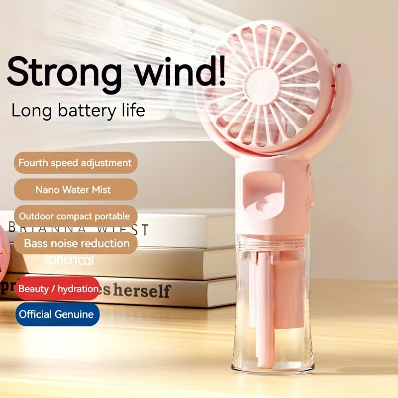 Compact, rechargeable handheld spray fan and mini facial steamer, perfect for on-the-go use during travel and outdoor adventures.