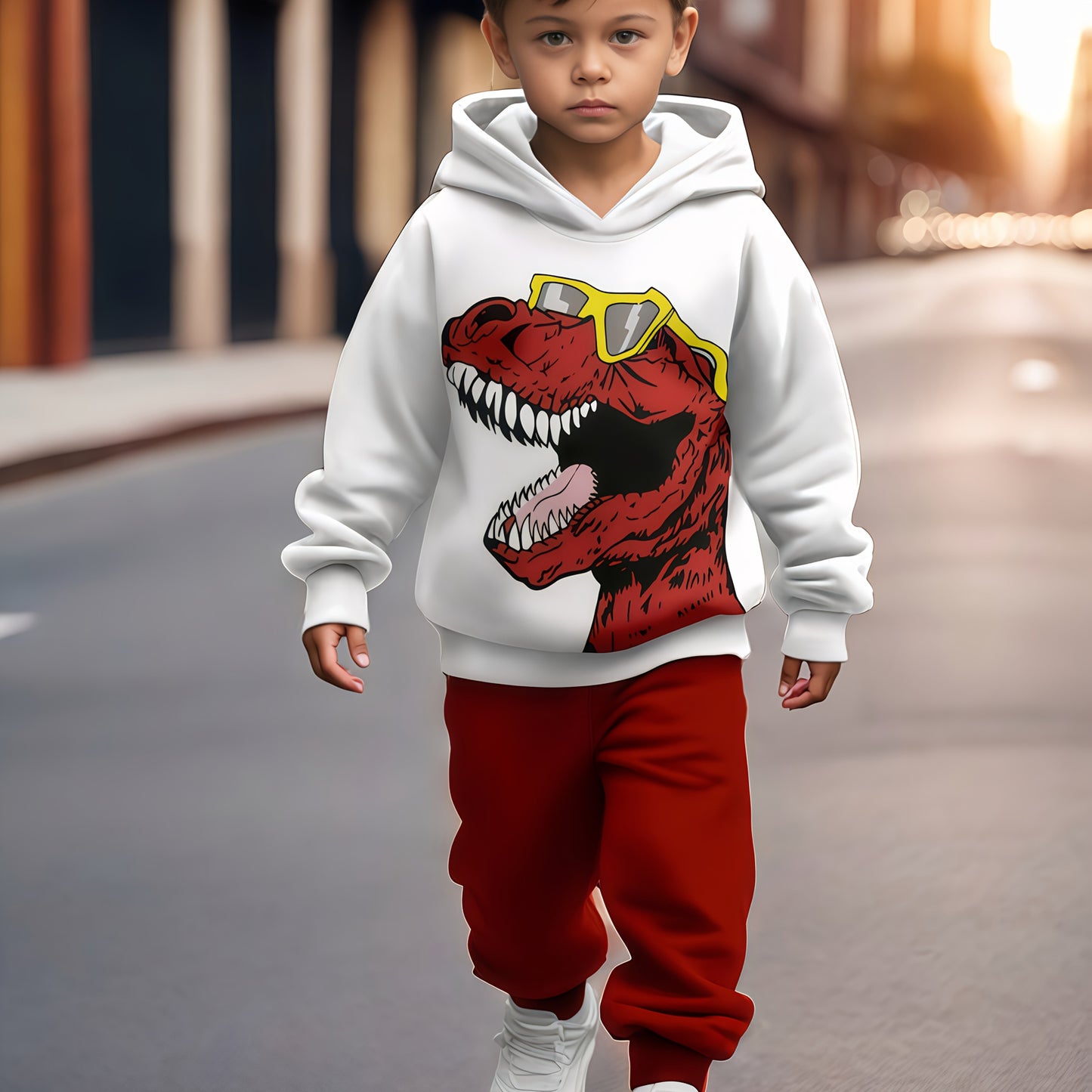 2-piece dinosaur print sweatshirt sports suit for boys, ideal for outdoor wear in spring and autumn. Comfortable fabric, great gift for youngsters.