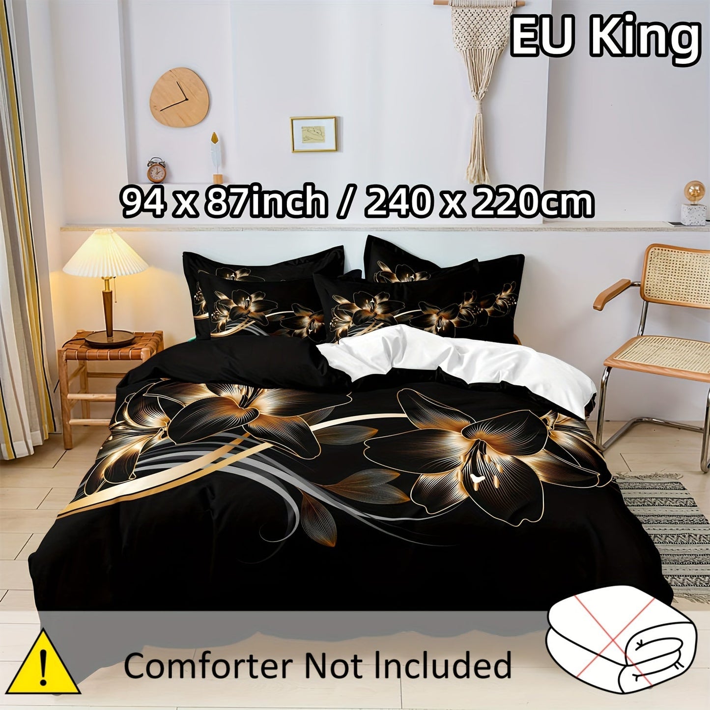 This luxurious Black and Golden Floral Duvet Cover Set is made of 100% Polyester, making it lightweight and perfect for all seasons. The set features a zipper closure for easy use, a beautiful digital print design, and includes pillowcases. Machine